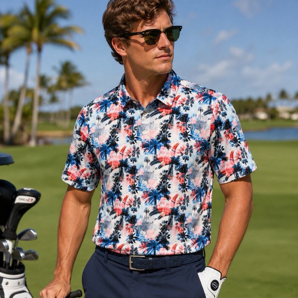 Sunday Swagger Golf Polo Shirt Men Large Tropical Palm Tree Floral Performance L